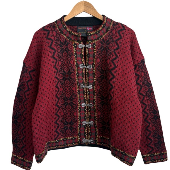 Vintage Windfjord Norwegian Wool Cardigan Red Nordic Sweater 100% Wool XL - Picture 1 of 8